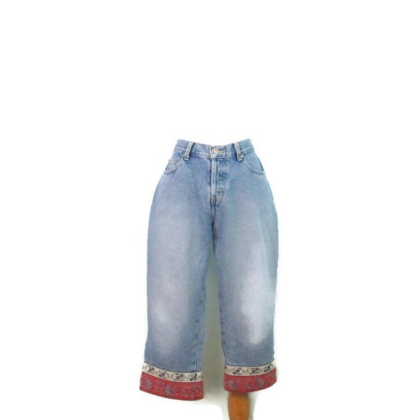 Vintage London Jean Cropped Capri Jeans Ribbon Embellished Cuff Mid Rise Women's Size 12 Denim Capris