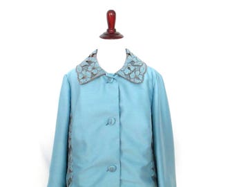1970's Embroidered Blazer Vintage Hand Tailored Blazer Retro Floral Embroidered Blazer Pale Blue Blazer 1970's Custom Made Blazer Jacket