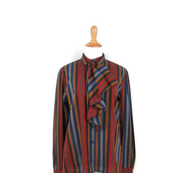 1970's Ruffle Bib Neck Blouse Vintage 70's Striped Button Front Long Sleeve Ruffled Neck Shirt Women's Size 9/10 Retro Secretary Blouse