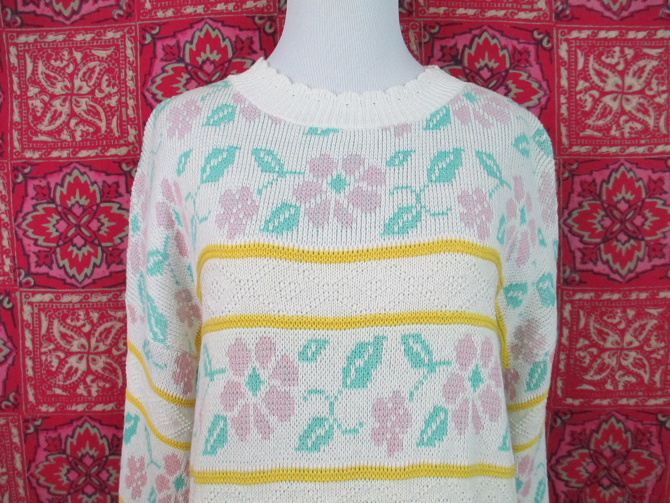 Pastel Floral Striped Vintage Sweater Flower Print Cotton | Etsy