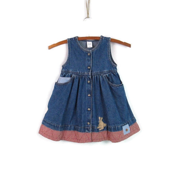 Vintage 90's Baby Gap Dress Size XL 18-24 Months Sleeveless Denim Jumper 1990's Blue Jean Gingham Patchwork Applique Pearl Snap Dress