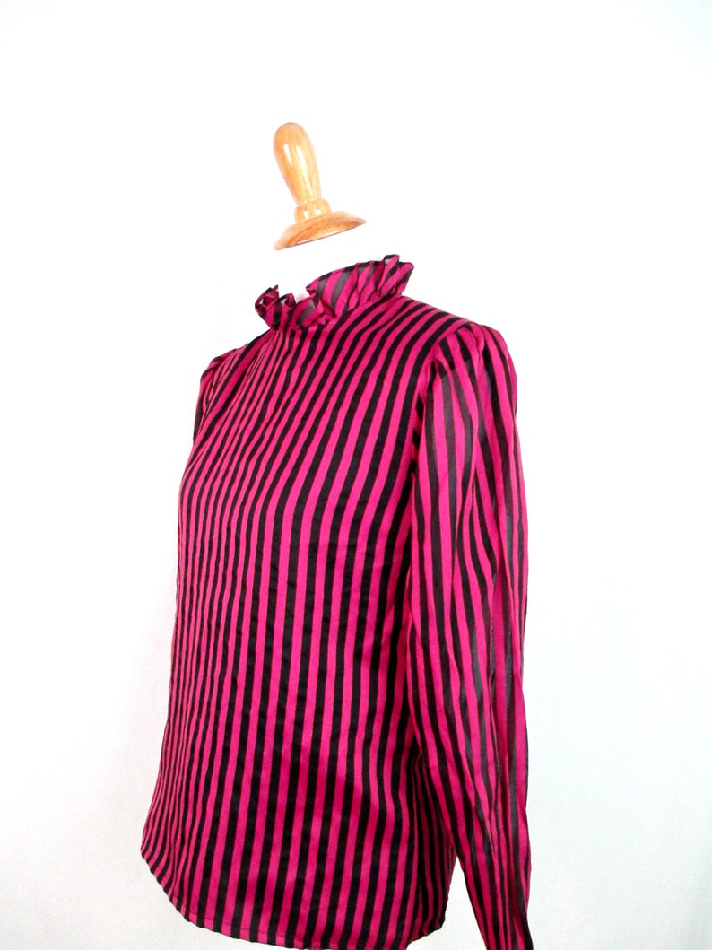 Vintage Pink and Black Striped Blouse 1980/'s Ruffled High Neck Sheer Sleeve Padded Shoulder Blouse 80/'s Retro Pinup Glam Goth Punk Shirt