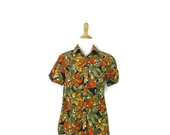 Tropical Floral Print Short Sleeve Blouse Vintage Women's Size Small Button Front Bold Flower Pattern Top