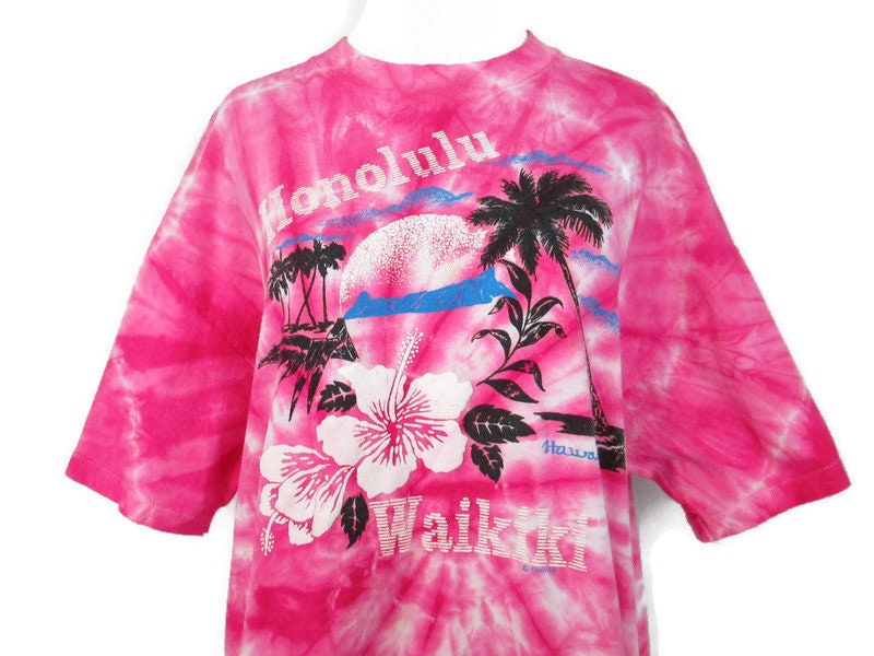 Honolulu Waikiki Hawaii Tie Dye Shirt 90's Pink Tie Dyed Hibiscus
