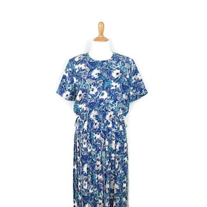 80&#39;s Floral Pleated Lightweight Polyester Blouson Dress Size 10 Short Sleeve Paisley Flower Pattern Elastic Waist Padded Shoulder Dress