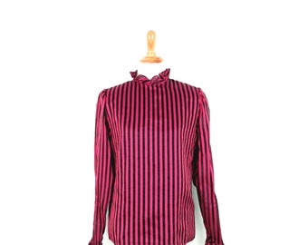 Vintage Pink and Black Striped Blouse 1980's Ruffled High Neck Sheer Sleeve Padded Shoulder Blouse 80's Retro Pinup Glam Goth Punk Shirt