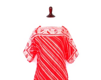 Vintage 1970's Boho Blouse Funky Orange Red Striped Arrow Geometric Print Blouse Unique Hippie Clothing Silky 70's Blouse Festival Shirt