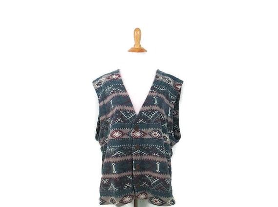 90's Button Front Abstract Striped Boho Vest Wome… - image 1