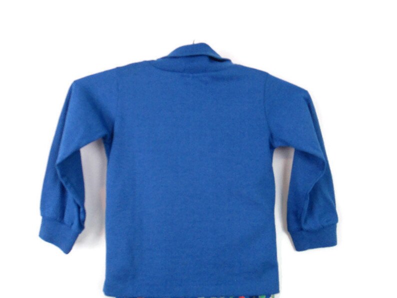May include: A long-sleeved, blue shirt with a mock neck collar.