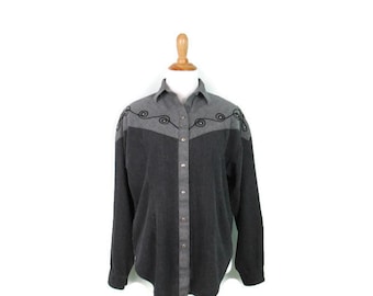 Vintage Panhandle Slim Western Shirt Women's Size Medium Snap Front Black and Gray Rockabilly Western Blouse 90's Square Dance Cowgirl Top