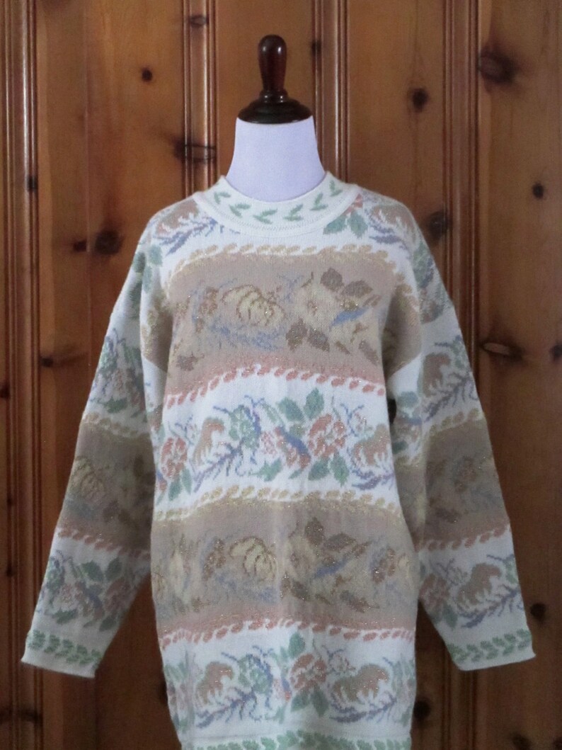 Vintage 80/'s Metallic Floral Sweater Pastel Striped Shiny Flower Pullover Soft Oversize 1980/'s Sweater Hipster 80/'s Sweater