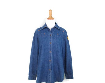 Vintage Women's Denim Western Shirt 1980's Patched Blue Jean Blouse Embroidered Rockabilly Boyfriend Fit Shirt 80s Clothing Cowboy Top