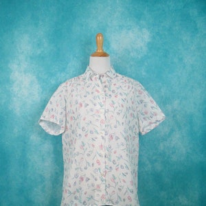 Vintage Damen Größe 14 Blumenbluse 1980er Jahre Cape Cod Match Mates Blumendruck Kurzarm Polyester Top