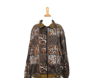 90's Animal Print Windbreaker Vintage Cheetah Pattern Nylon Track Jacket Women's Extra Large Swishy Activewear Jacket XL 90s Clothing