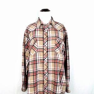 Vintage Wrangler Pearl Snap franela western Cowboy camisa Wrancher por Wrangler hombres 2X Neutro Plaid soft Cotton Flannel Button Down Camisa