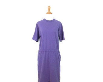 Lizwear Purple Cotton T-Shirt Dress Vintage Women's Small Short Sleeve Drawstring Waist Midi Dress with Pockets 90's Minimalist Clothing