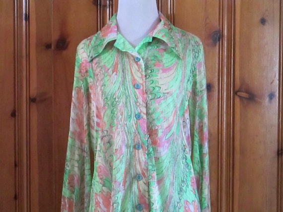 Vintage 1970's Sheer Blouse Funky Colorful Retro 70's Shirt Psychedelic Swirls Marty Gutmacher Clothing Boho 70's Blouse