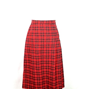 80&#39;s Red Plaid Wool Blend Pleated Skirt Plaid Schoolgirl Skirt Women&#39;s Size 9/10 Midi Length Grunge Punk Plaid Skirt
