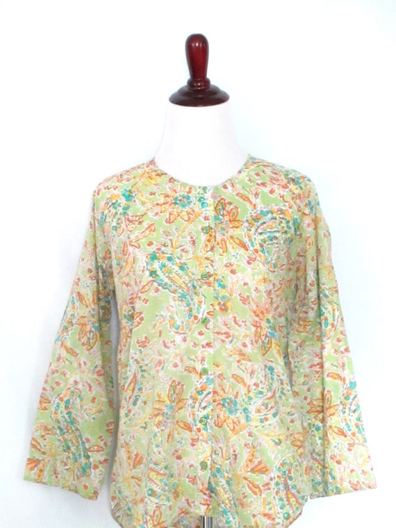 Vintage Sheer Paisley Blouse 1970's Pastel Lime G… - image 2