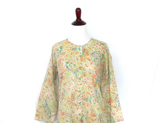 Vintage Sheer Paisley Blouse 1970's Pastel Lime G… - image 1