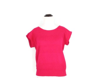 1980's Hot Pink Sweater Vintage Pink Open Knit Short Sleeve Cotton Blend Sweater 80's Bright Pink Short Sleeved Knit Top 80's Clothes