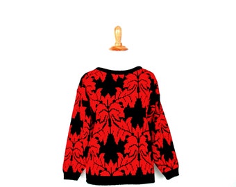 Vintage 80's Abstract Sweater 1980's Red & Black Abstract Leaf Print Acrylic Pullover Sweater Women's Size Small Vintage Jumper