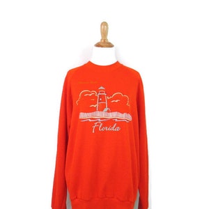 Vintage 1980&#39;s Florida Lighthouse Sweatshirt 80&#39;s Clearwater Beach Florida Bright Orange XL Raglan Sweatshirt 80s Clothing