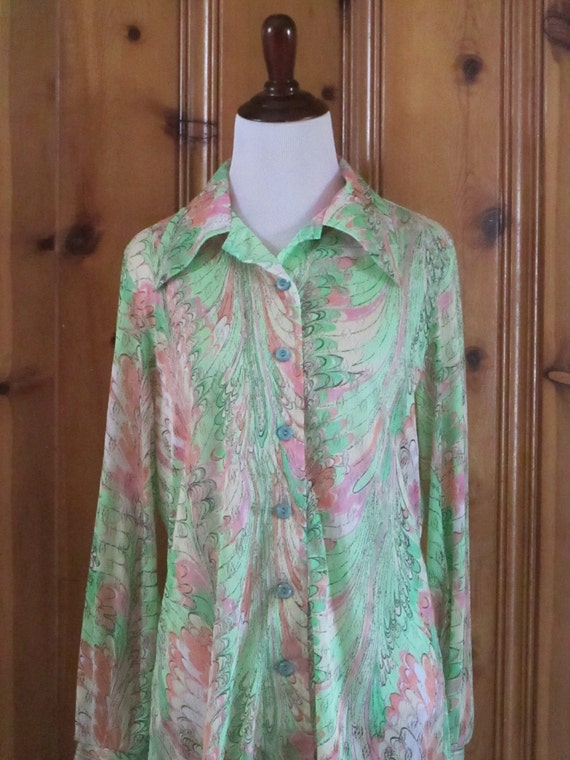Vintage 1970's Sheer Blouse Funky Colorful Retro … - image 3