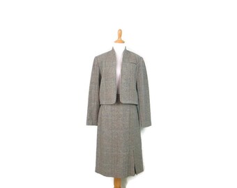 Vintage 1970's Plaid Wool Silk Blend Skirt Suit Women's Size 11/12 Neutral Tone 70's Skirt and Structured Blazer Set 26 Inch Waist