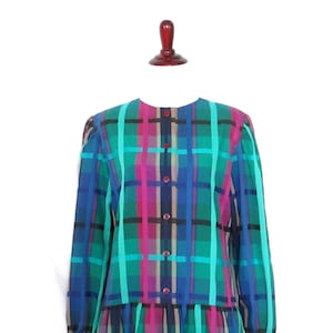 Vintage Plaid Dress Button Front Dress 90&#39;s Jewel Tone Pleated Dress Pretty Plaid Vintage Day Dress 1990&#39;s Preppy Plaid Dress