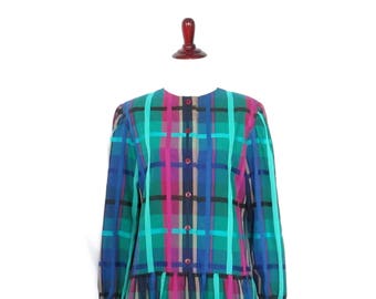 Vintage Plaid vestido botón vestido delantero 90's joya tono plegado vestido bonito cuadro vintage día vestido 1990's Preppy Plaid Vestido