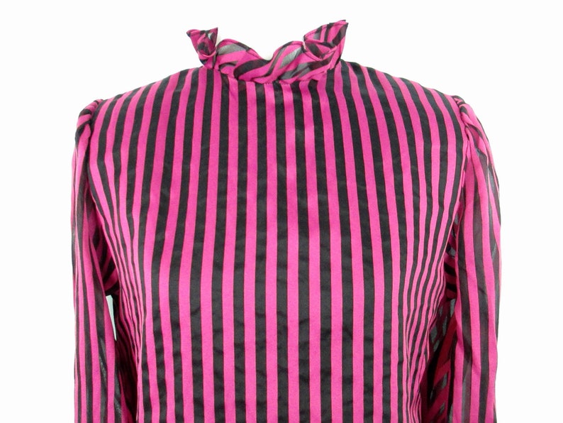 Vintage Pink and Black Striped Blouse 1980/'s Ruffled High Neck Sheer Sleeve Padded Shoulder Blouse 80/'s Retro Pinup Glam Goth Punk Shirt