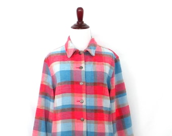 90's Pink & Blue Plaid Blouse Vintage 1990's Size 12 Petite Colorful Plaid Shirt Women's Soft Button Front Boho Long Sleeve Top