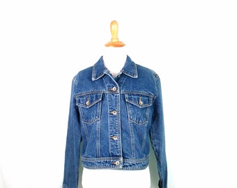 1990's Gap Blue Jean Jacket Vintage Embroidered Cropped Fit Button Front Denim Jacket Creativity Comes From the Heart Applique Jacket