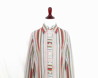 70's Rainbow Striped Blouse Vintage Button Front Striped Blouse Colorful Retro Classic Style 1970's Shirt Women's Polyester 70's Top