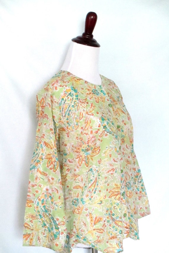 Vintage Sheer Paisley Blouse 1970's Pastel Lime G… - image 4