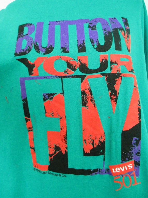 Button Your Fly Levi's 501 Teal Graphic Tee XL Co… - image 9