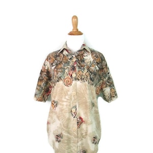 Vintage 90&#39;s Cat Blouse Short Sleeve Button Front Tiger Shirt Hipster Cat Shirt Jungle Print Top Denim Republic Blouse 1990&#39;s Safari Blouse