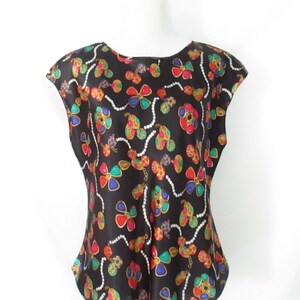 80's Silky Jewel Print Blouse Jewelry Themed Blouse Lucie Ann II Blouse Shiny Black Novelty Print Shirt 1980's Unique Vintage Clothing