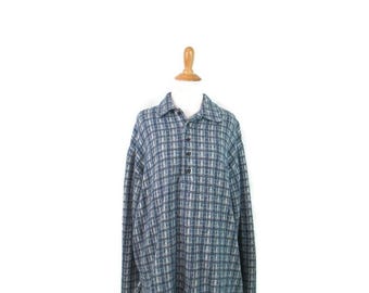 XL 90's Blue Plaid Pullover Soft Textured Vintage Long Sleeve Baggy Fit Top