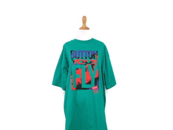 Button Your Fly Levi's 501 Teal Graphic Tee XL Co… - image 1