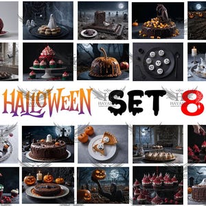 Può includere: Una collezione di dolci a tema Halloween, tra cui torte, cupcake e biscotti, disposti in vari contesti. L'immagine presenta una varietà di dolcetti spettrali, come una mela caramellata a forma di teschio e torte a forma di zucca. La parola "Halloween" è ben visibile.