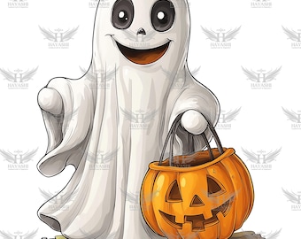 Imágenes prediseñadas PNG de fantasmas y calabazas, lindo fantasma de Halloween con bolsa de calabaza, sublimación de Halloween, descarga instantánea
