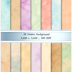 May include: Set of 10 digital paper backgrounds in ombre shades of blue, green, pink, and yellow. Each background is 3,600 x 3,600 pixels and 300 DPI. 38 Ombre background.