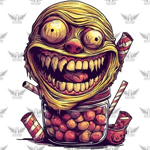 May include: A cartoon illustration of a grotesque, grinning face with large teeth and bulging eyes, atop a jar filled with red candies. The image includes candy sticks and a small container with a jack-o'-lantern design.