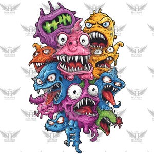 Puede incluir: Ilustración colorida de monstruos de dibujos animados con rasgos exagerados. Los monstruos son de varios colores, incluyendo morado, naranja, azul, amarillo, rosa y verde, con dientes afilados y ojos grandes. La imagen tiene un fondo blanco.