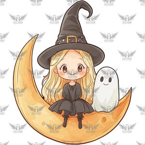 Adorable Anime Witchlet & Friendly Ghost on Crescent Moon, Cute Halloween Decor, Witch Decor, Witchy Gift Idea