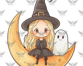 Witch Moon PNG, Anime Witch and Friendly Ghost on Crescent Moon, Kawaii Halloween Clipart, Instant Digital Download