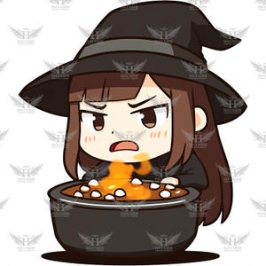 Annoyed Anime Witch Halloween Brew: Cute Chibi Sorceress with Mystical Cauldron, Spooky Treats & Vibrant Art, Perfect for Halloween Decor