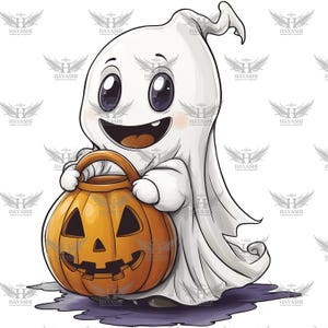 May include: A cartoon illustration of a friendly ghost holding an orange jack-o'-lantern. The ghost is white with large, expressive eyes and a wide smile. The pumpkin has a carved face and a handle.